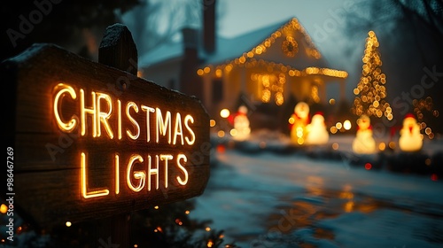 Sign that reads “CHRISTMAS LIGHTS”.  -  Neighborhood holiday lights - outdoor decorations - white lights - snow man - Santa  - yard - strings 