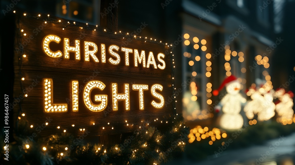 Sign that reads “CHRISTMAS LIGHTS”. - Neighborhood holiday lights - outdoor decorations - white lights - snow man - Santa - yard - strings Sign that reads “CHRISTMAS LIGHTS”. - Neighborhood holiday lights - outdoor decorations - white lights - snow man - Santa - yard - strings