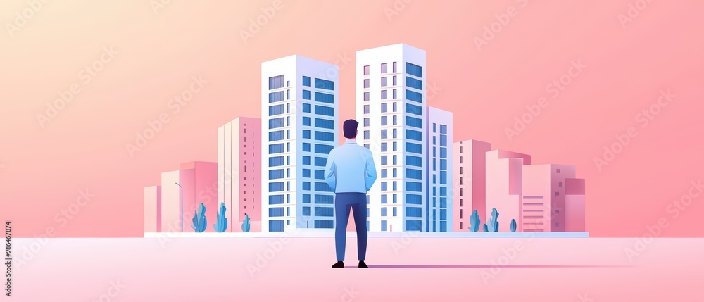 A person gazing at modern skyscrapers against a pastel backdrop, symbolizing urban exploration and growth. A person gazing at modern skyscrapers against a pastel backdrop, symbolizing urban exploration and growth.