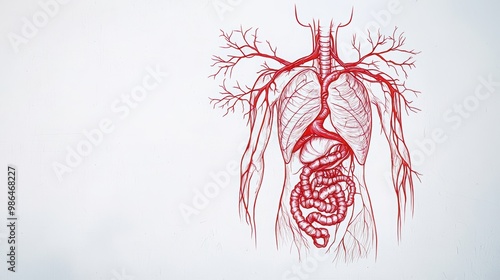 Anatomical illustration of human organs and circulatory system on a white background.