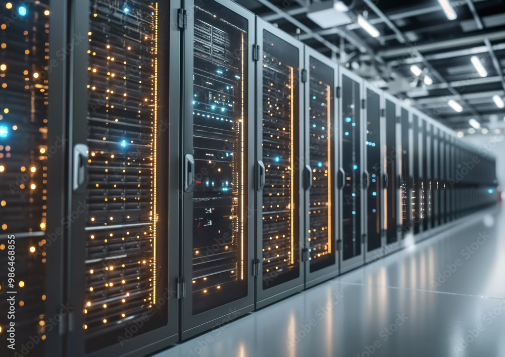 Rows of servers in black racks - large data center. Generative AI Rows of servers in black racks - large data center. Generative AI