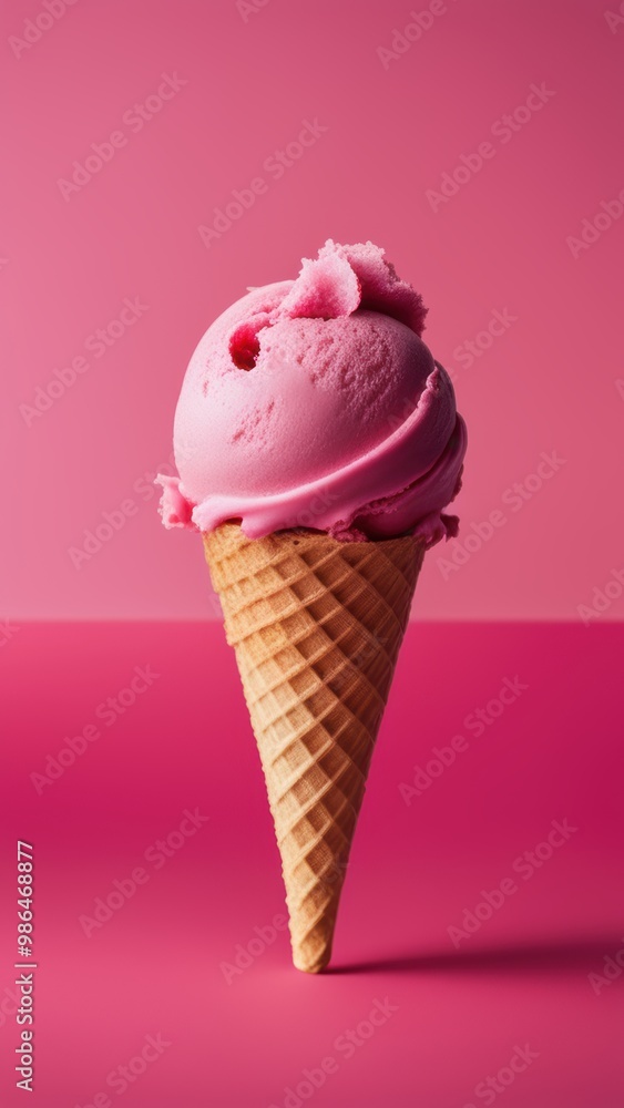 A single scoop of pink ice cream in a waffle cone against a grey and red background. A single scoop of pink ice cream in a waffle cone against a grey and red background.