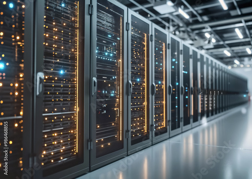 Rows of servers in black racks - large data center. Generative AI