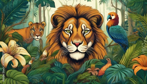 A vibrant jungle scene with a diverse array of animals, including lions, tigers, and exotic birds. The lush foliage and intricate details create a captivating visual.