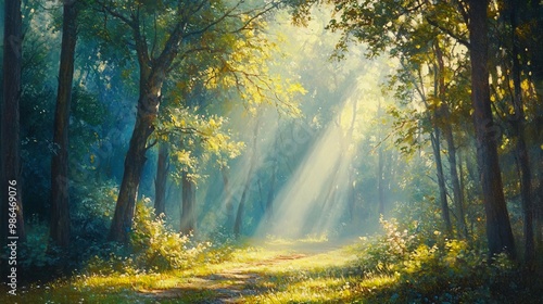 Sunbeams Illuminating a Path Through a Dense Forest