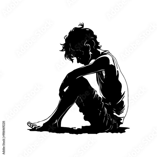 Silhouette of a sad child sitting on the ground, isolated on a white background. Represents sadness, loneliness, or contemplation