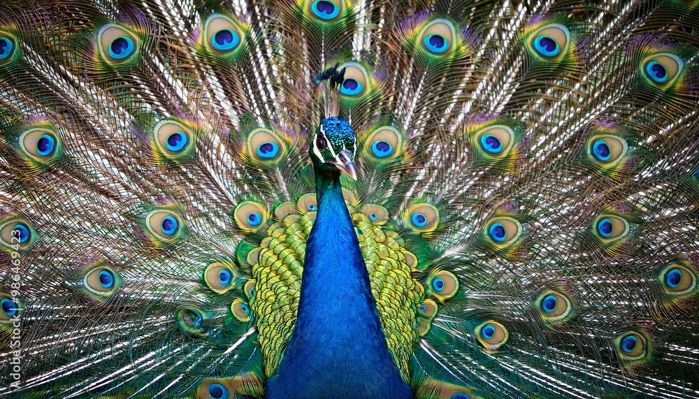 Obraz premium A vibrant peacock with its iridescent tail feathers fully displayed, showcasing a stunning array of colors and patterns.