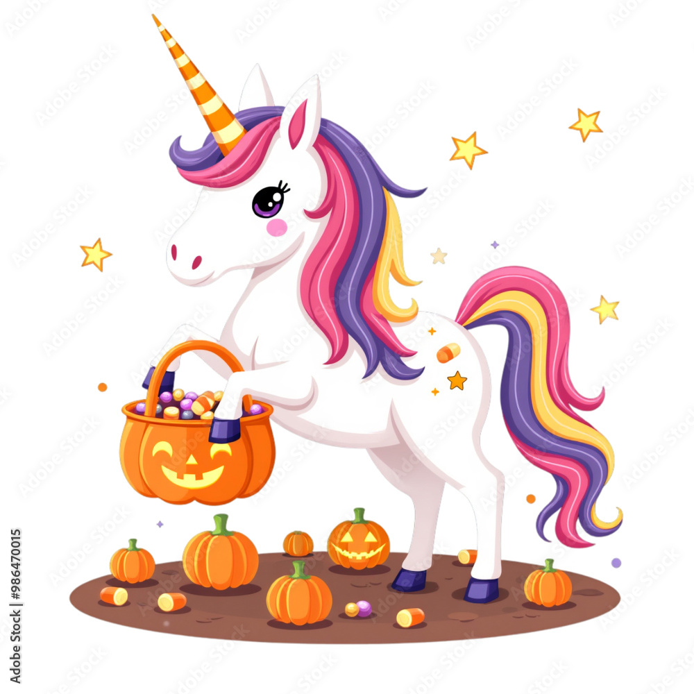 A unicorn with a pumpkin basket filled with candies A unicorn with a pumpkin basket filled with candies
