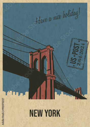 New York Landmark Brooklyn Bridge. Skyscrapers and Cityscape Template Retro Style Postcard with handwriting wishes, Postal Imprint