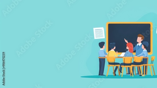 Group of professionals collaborating in a meeting with a chalkboard, light blue background.