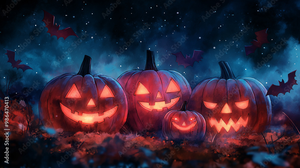 Fototapeta premium Watercolor Neon colored Illustration Artwork Creative Pumpkin Halloween Wallpaper Background