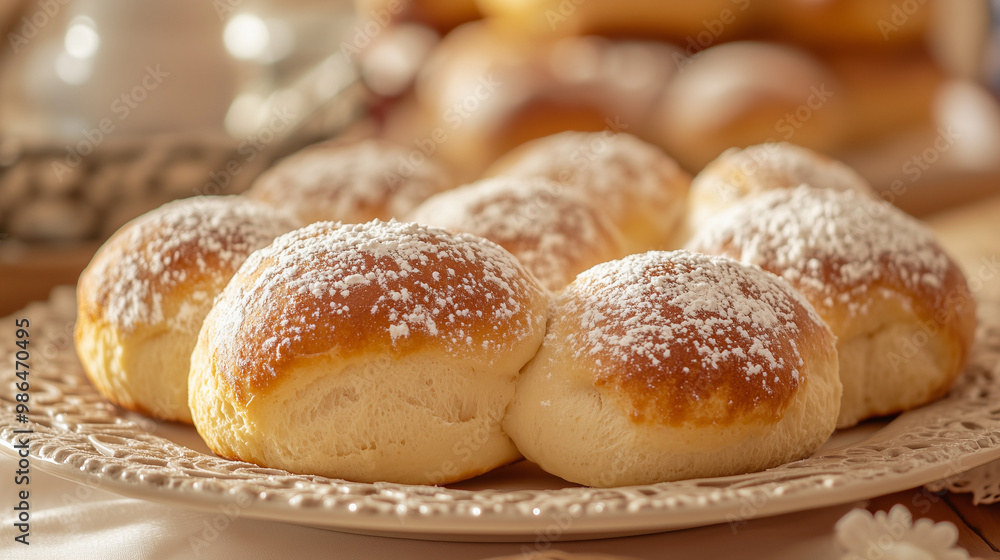 Close-up of freshly baked sweet buns with powdered sugar on decorative plate, warm tones, breakfast or dessert concept Close-up of freshly baked sweet buns with powdered sugar on decorative plate, warm tones, breakfast or dessert concept