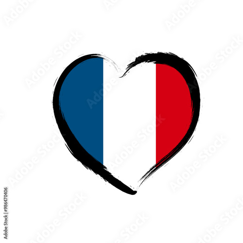 French flag heart illustration. Grunge-style heart shape filled with France national colors.