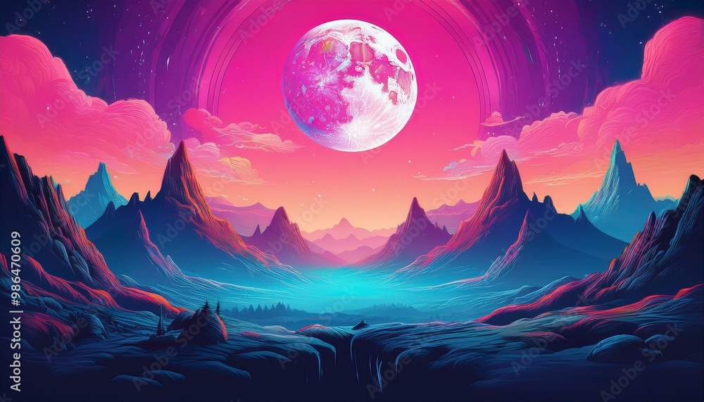 A vibrant, surreal landscape with towering mountains and a glowing moon in a pink and blue sky. A vibrant, surreal landscape with towering mountains and a glowing moon in a pink and blue sky.