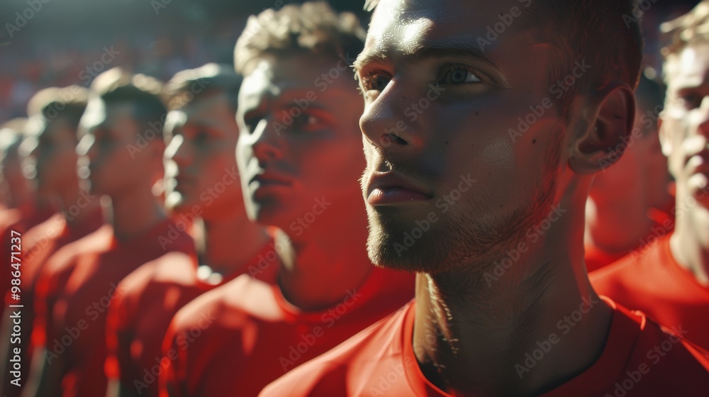 Serious Football Team Standing in a Row on the Stadium Generative AI Serious Football Team Standing in a Row on the Stadium Generative AI