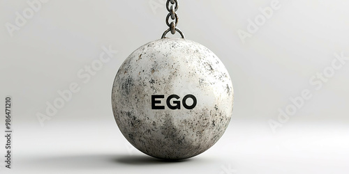 The word ego is on a hanging weight photo