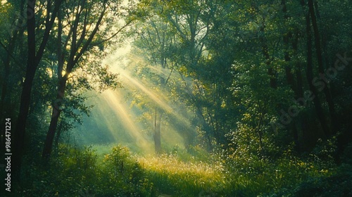 Sunbeams Illuminating a Dense Green Forest