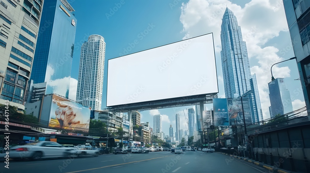 Photo of a blank billboard with skyscrapers in the background, set against an urban skyline during daylight Photo of a blank billboard with skyscrapers in the background, set against an urban skyline during daylight
