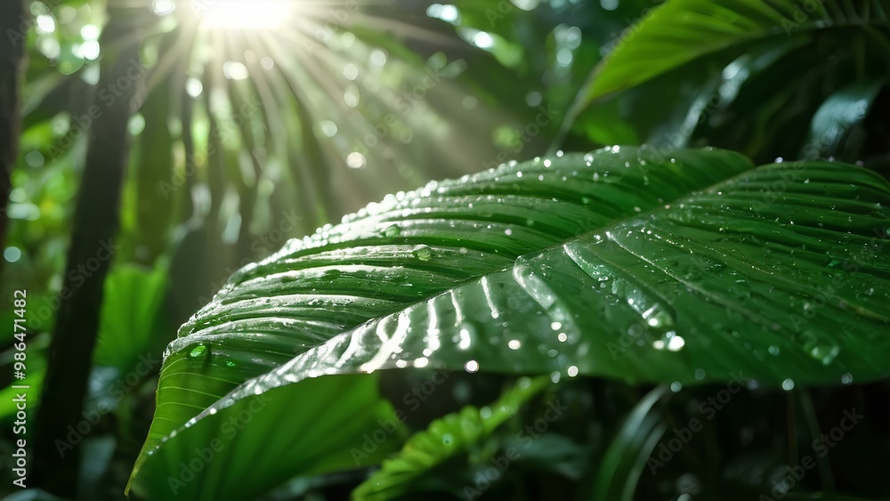 A close-up of a dew-covered leaf in a tropical rainforest.