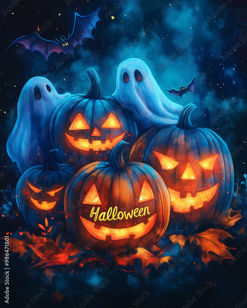 Fototapeta premium Watercolor Neon colored Illustration Artwork Creative Pumpkin Halloween Wallpaper Background