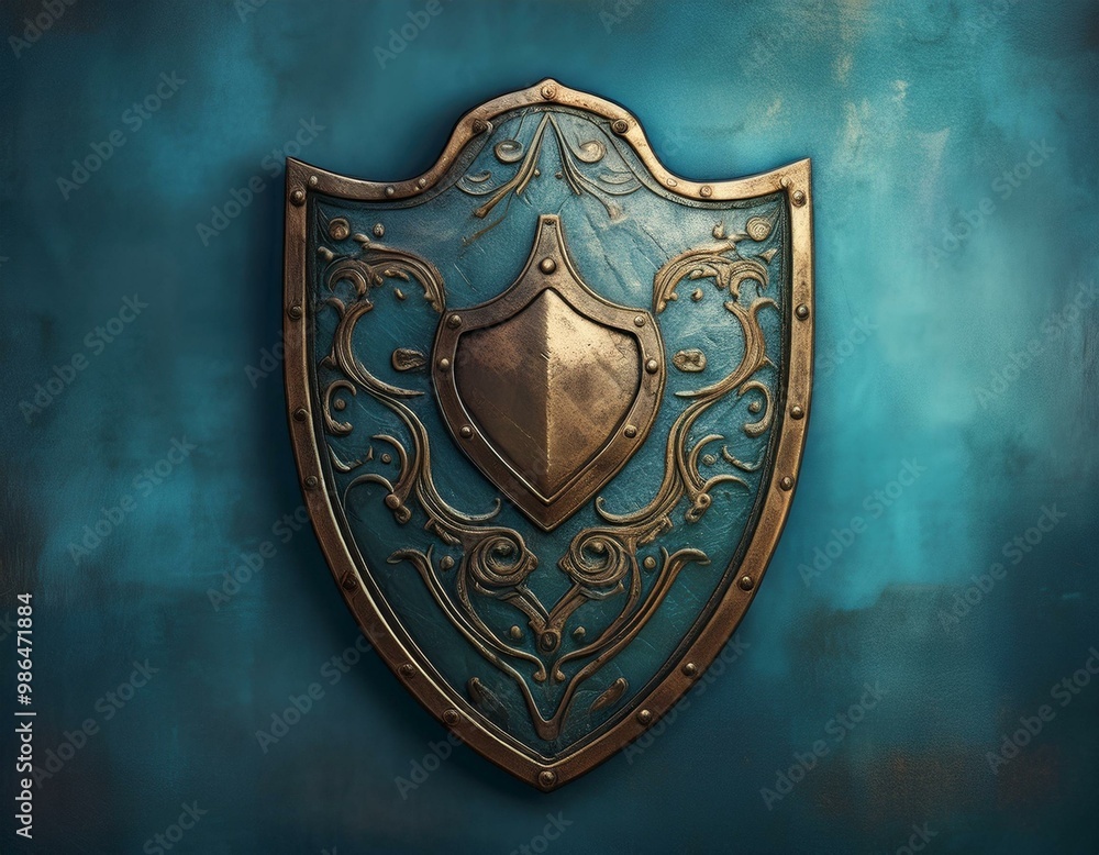 A weathered metal shield against a textured blue background. A weathered metal shield against a textured blue background.