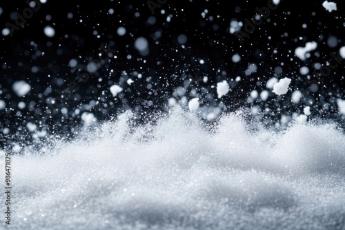 Numerous white beach waves, visual portrayal of descending snowflakes, fierce winter storm swirling. Icy image on dark canvas, unique accent. Tiny salt crystals in particle research