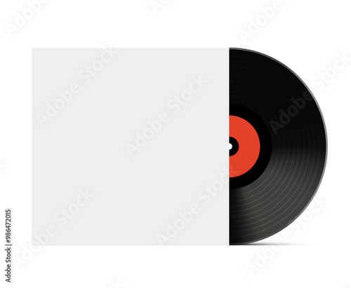 Vinyl record partially in sleeve. Classic black vinyl disk with red label partially inside a blank white cover.