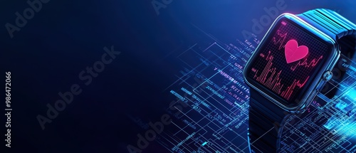 Smartwatch displaying heart rate, modern design with digital background, health and fitness monitoring concept.