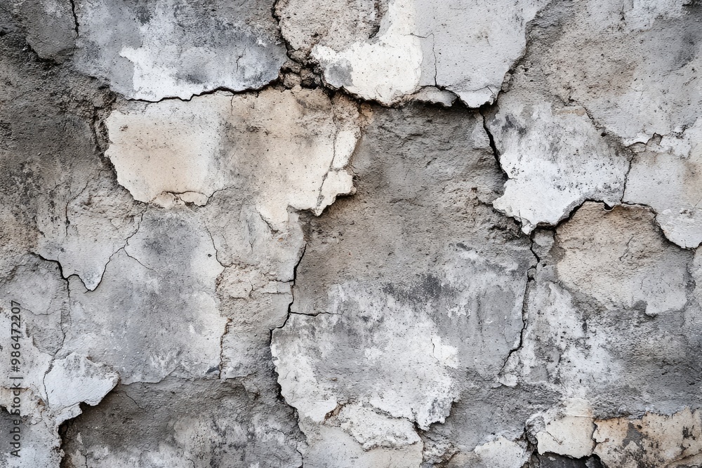 Obraz premium Rough concrete wall texture with cracks, chips, and weathered surfaces