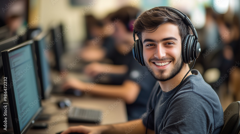 Portrait of a smiling male student wearing headphones and sitting at a computer Portrait of a smiling male student wearing headphones and sitting at a computer