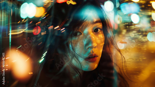 A captivating portrait featuring woman with flowing hair, illuminated by vibrant city lights and dreamy bokeh effect. image evokes sense of urban mystery and beauty photo