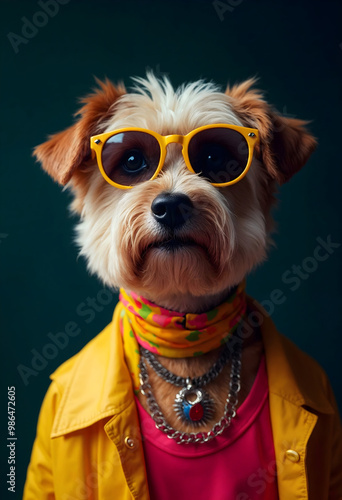 realistic portrait photo shoot of a stylish handsome dog character wearing glasses and vibrant punk outfit, on a dark background, animal, fashion, vertical