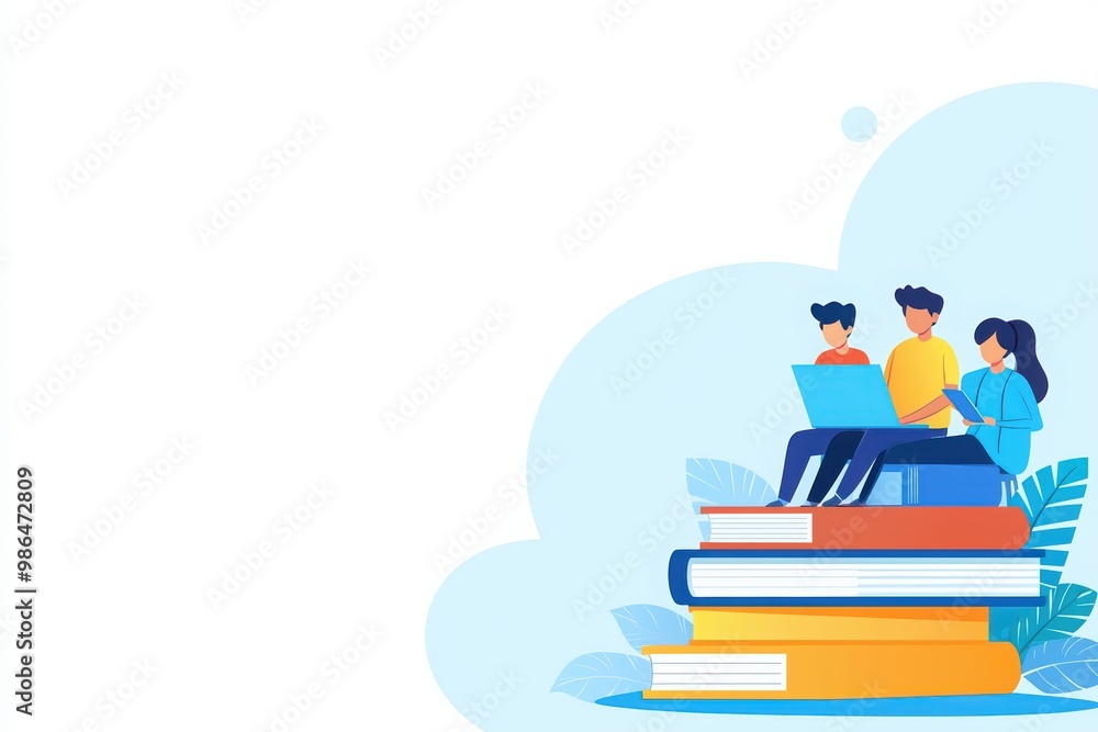 Three students studying on a stack of books with a laptop, white isolated background. Three students studying on a stack of books with a laptop, white isolated background.