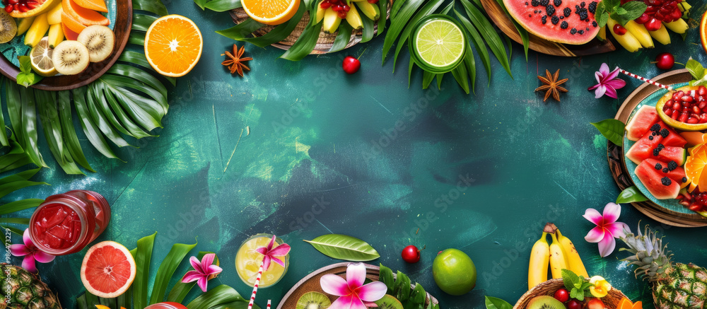 A vibrant tropical luau table adorned with an array of fresh fruits, including watermelon, kiwi, and oranges, surrounded by lush green leaves and colorful flowers, creating festive atmosphere A vibrant tropical luau table adorned with an array of fresh fruits, including watermelon, kiwi, and oranges, surrounded by lush green leaves and colorful flowers, creating festive atmosphere