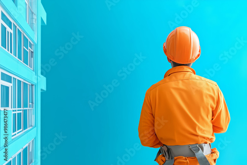 Construction worker in orange uniform standing near blue building under clear sky