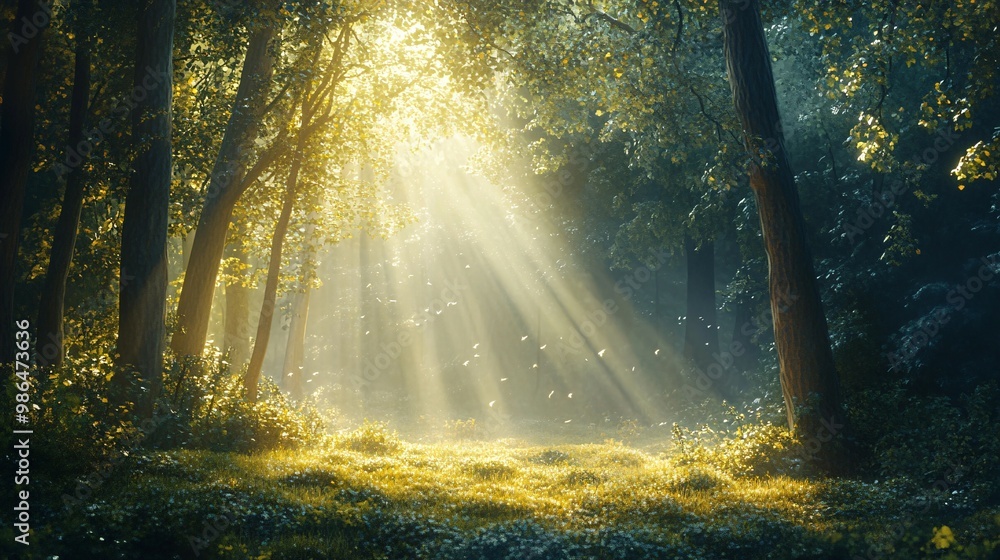 Sunbeams Illuminating a Misty Forest Path Sunbeams Illuminating a Misty Forest Path