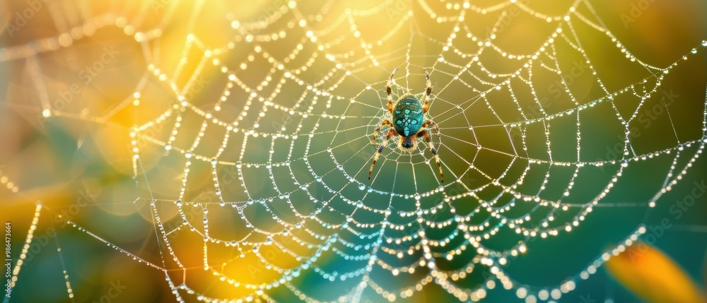 Colorful Spider on a Dewy Web at Sunrise Colorful Spider on a Dewy Web at Sunrise