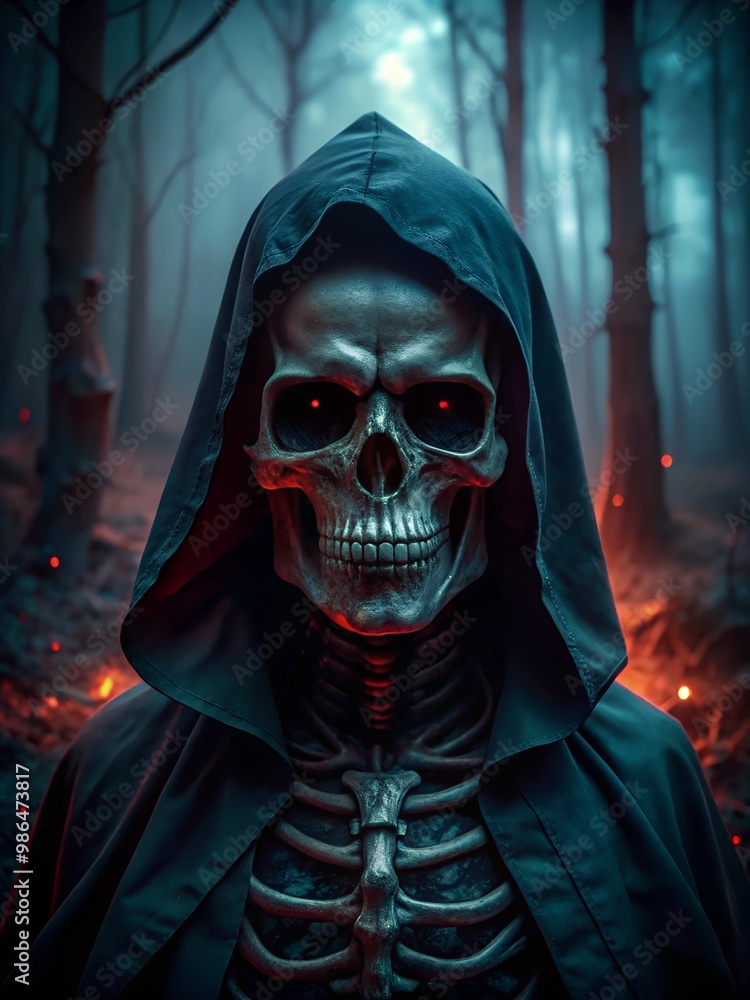 Halloween banner, concept. A close up of a skeleton in a hood standing in a forest on a foggy night, alluding to Halloween. Misty, eerie atmosphere for halloween Halloween banner, concept. A close up of a skeleton in a hood standing in a forest on a foggy night, alluding to Halloween. Misty, eerie atmosphere for halloween