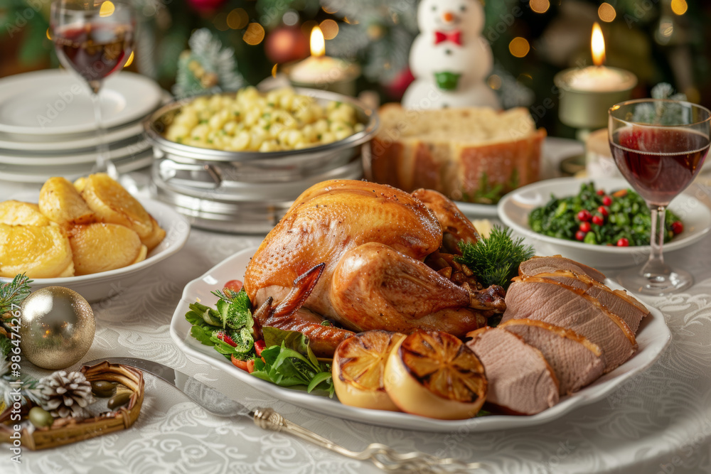 A traditional Christmas dinner featuring beautifully roasted turkey, garnished with fresh herbs and accompanied by sides like roasted potatoes, green salad, and festive decorations. warm ambiance is e A traditional Christmas dinner featuring beautifully roasted turkey, garnished with fresh herbs and accompanied by sides like roasted potatoes, green salad, and festive decorations. warm ambiance is e