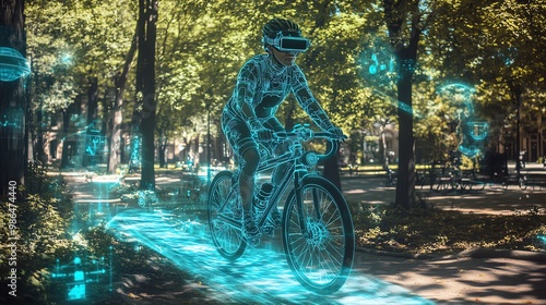 Cyclist with digital overlays in green park