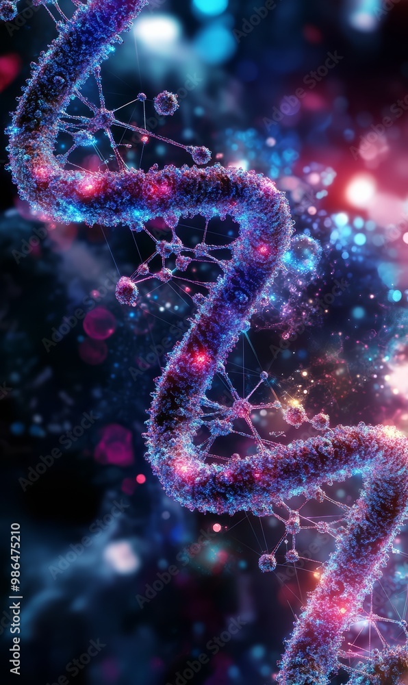 Glowing DNA structure surrounded by stars and galaxies Glowing DNA structure surrounded by stars and galaxies
