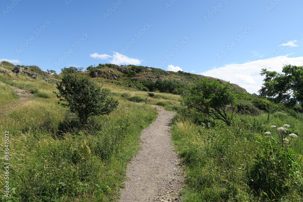 Auf der Halbinsel Kullen verläuft auf dem Kullaberg dieser Wanderweg des Skaneledens. Oben auf der Halbinsel in der südschwedischen Provinz Schonen ist es leicht hügelig. Auf der Halbinsel Kullen verläuft auf dem Kullaberg dieser Wanderweg des Skaneledens. Oben auf der Halbinsel in der südschwedischen Provinz Schonen ist es leicht hügelig.