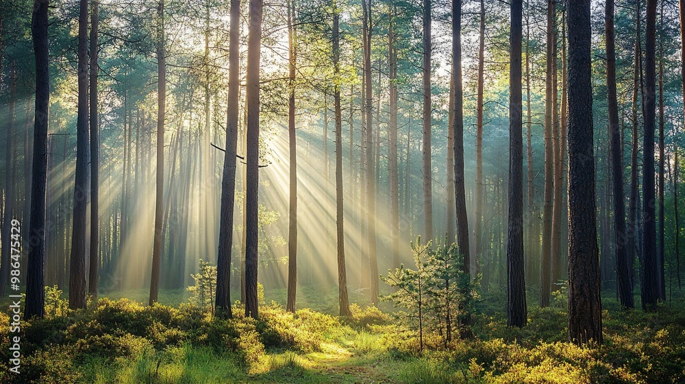 Sunbeams Illuminating a Misty Pine Forest Sunbeams Illuminating a Misty Pine Forest