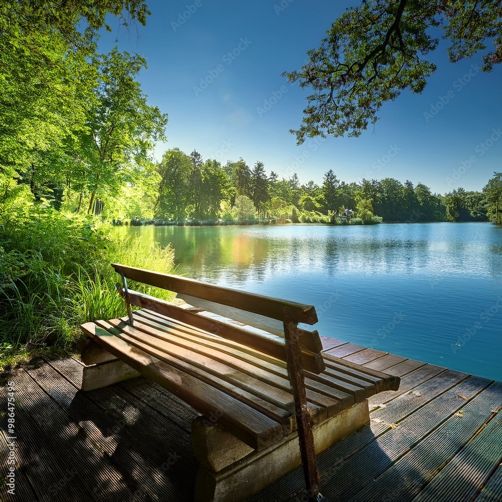 A wooden bench sits by a serene lake, surrounded by lush greenery and trees on a sunny day. A wooden bench sits by a serene lake, surrounded by lush greenery and trees on a sunny day.