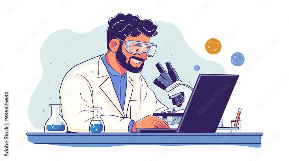 Portrait, scientist and happy man on microscope in lab for chemistry research, test or innovation. Laptop, science or confident face of medical doctor in goggles for microbiology, healthcare or study Portrait, scientist and happy man on microscope in lab for chemistry research, test or innovation. Laptop, science or confident face of medical doctor in goggles for microbiology, healthcare or study