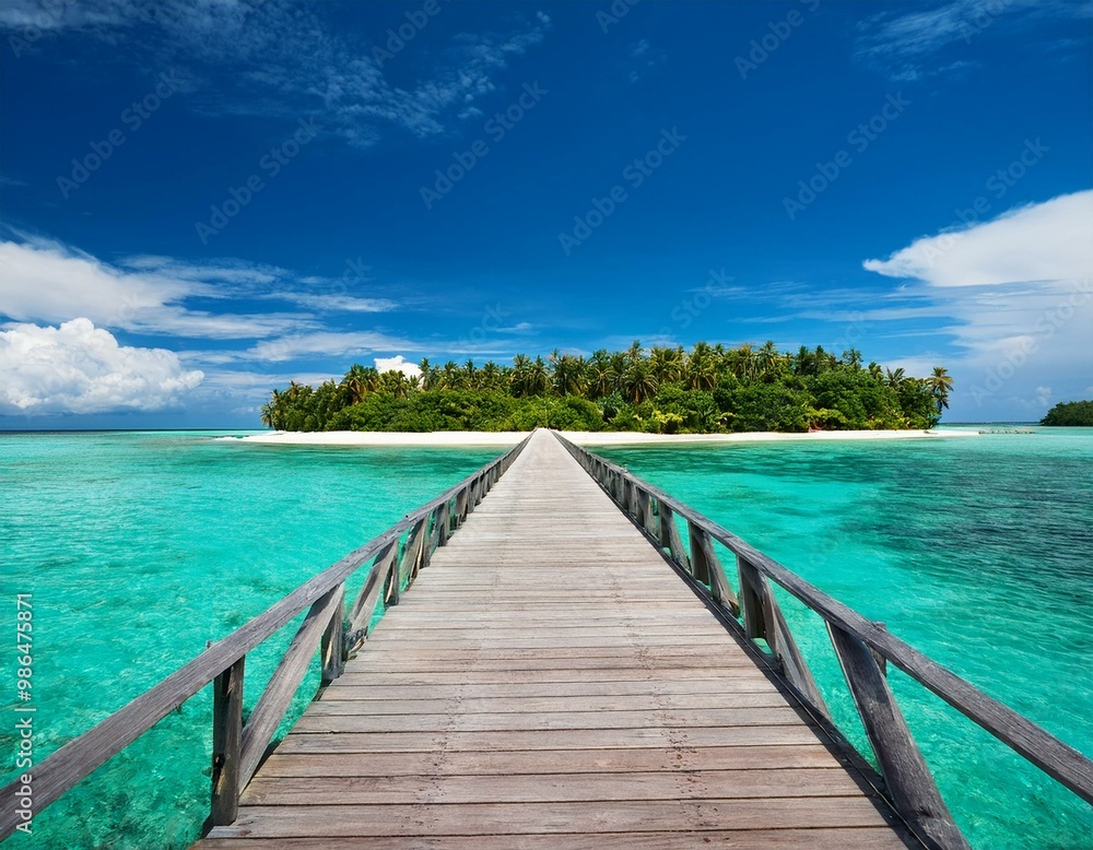 A wooden walkway leads to a tropical island with crystal clear turquoise water and lush green foliage. The blue sky is dotted with fluffy white clouds. A wooden walkway leads to a tropical island with crystal clear turquoise water and lush green foliage. The blue sky is dotted with fluffy white clouds.