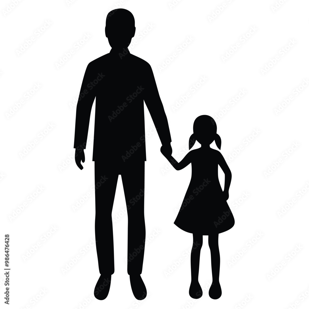 a man and a little girl holding hands. The man is walking on the left side of the image, while the little girl is on the right side vector silhouette a man and a little girl holding hands. The man is walking on the left side of the image, while the little girl is on the right side vector silhouette