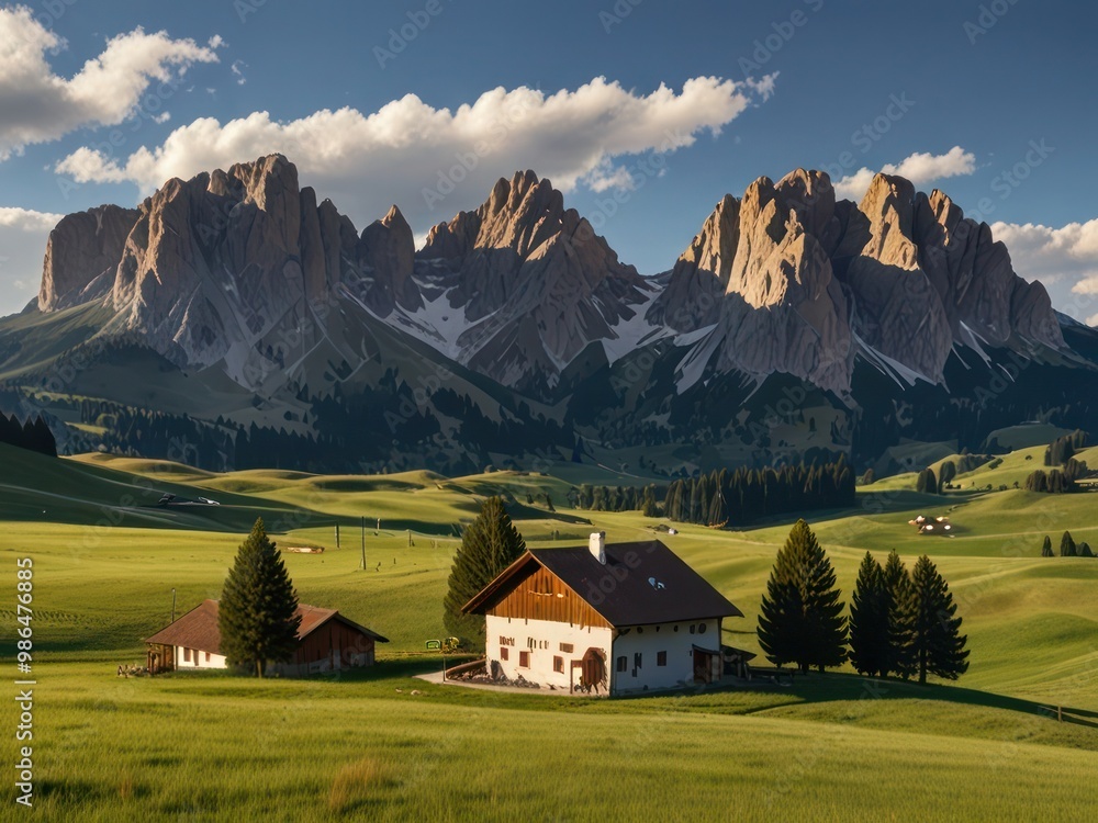 Majestic mountain range and serene countryside with picturesque homes and fields Majestic mountain range and serene countryside with picturesque homes and fields