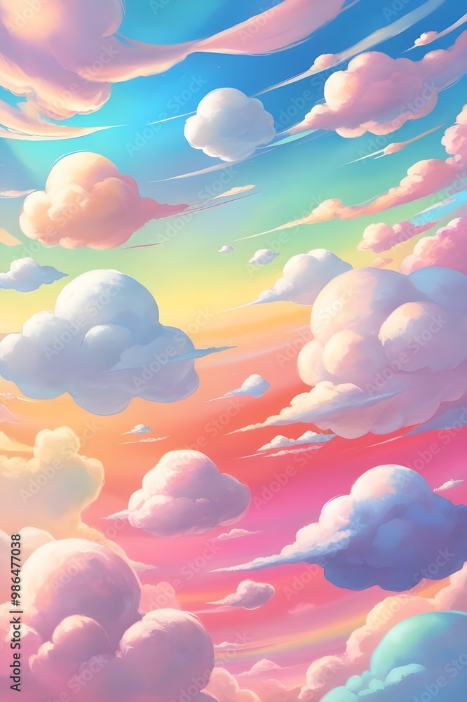 Fototapeta premium Artwork featuring a vibrant sky with a multitude of fluffy wispy clouds