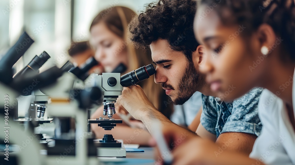 Student Examining a Sample Under a Microscope in a Science Lab Student Examining a Sample Under a Microscope in a Science Lab